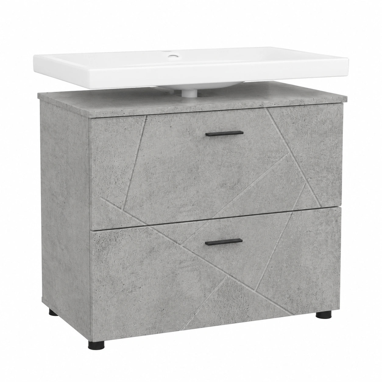 Mobile da bagno con cassetti grigio cemento e gambe in metallo, 76,5 x 35 x 64 cm, ideale per spazi ridotti