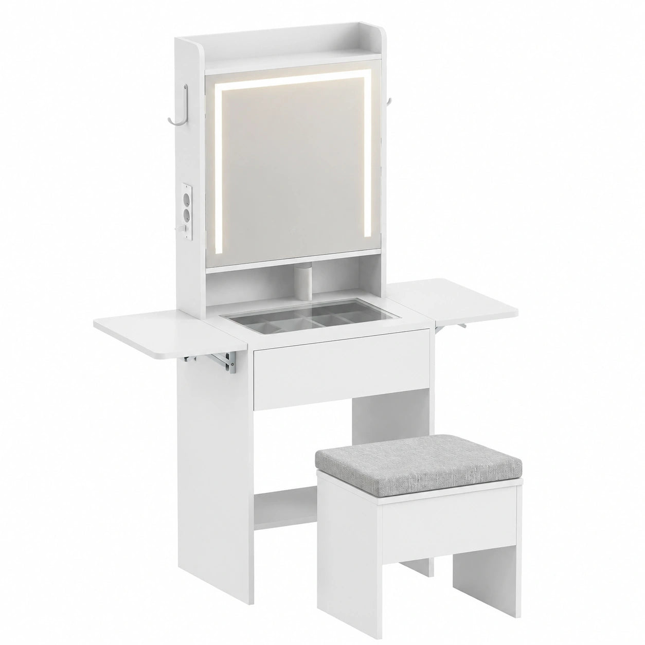 COSTWAY Tavolo Trucco LED con Specchio e Ricarica, Vanity con Cassetto e Ripiani Ribaltabili, Bianco