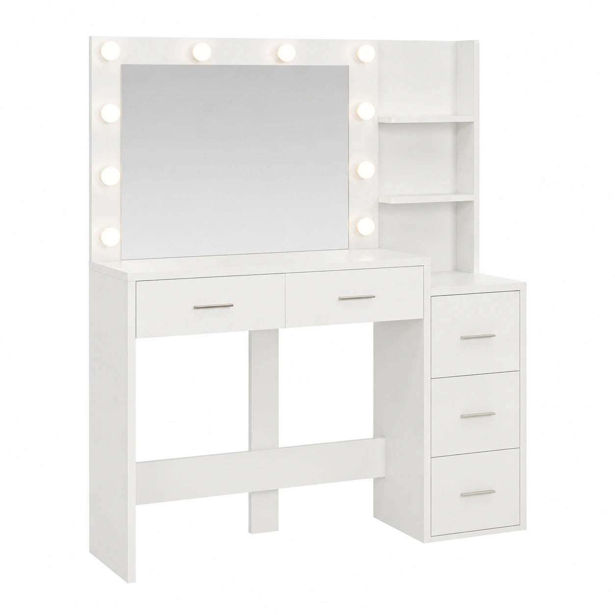 Toeletta con Specchio Luminoso e 5 Cassetti, Design Moderno Bianco, 110cm con Ripiani