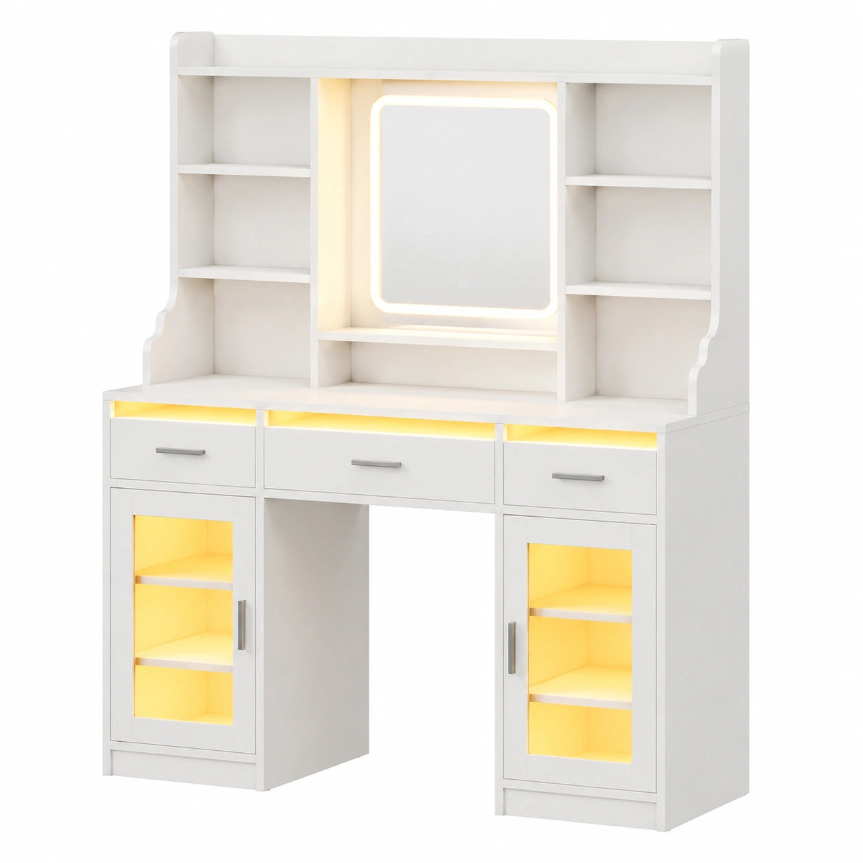 Tavolo Trucco con Specchio LED RGB, Cassetti e Armadi, Bianco