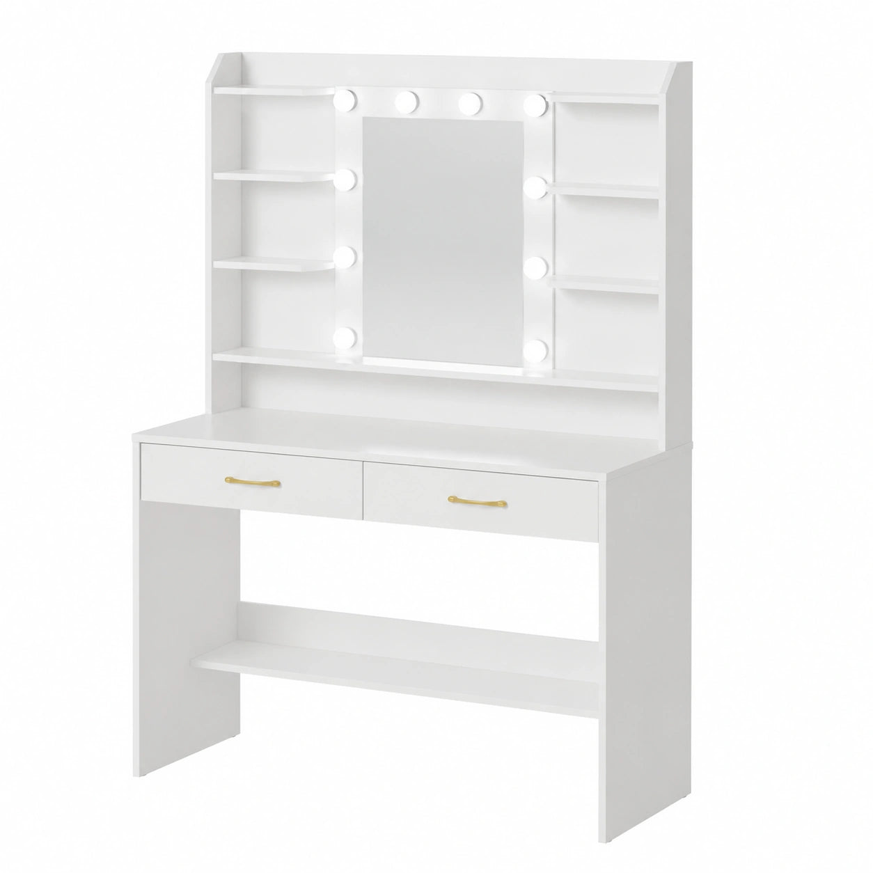 Tavolo da Trucco Moderno con LED e Specchio, 2 Cassetti e Mensole, 100 cm, Bianco
