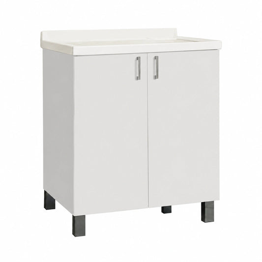 Mobile lavanderia 60x60 bianco con vasca in metacrilato e fondo in alluminio, 2 ante e asse lavapanni