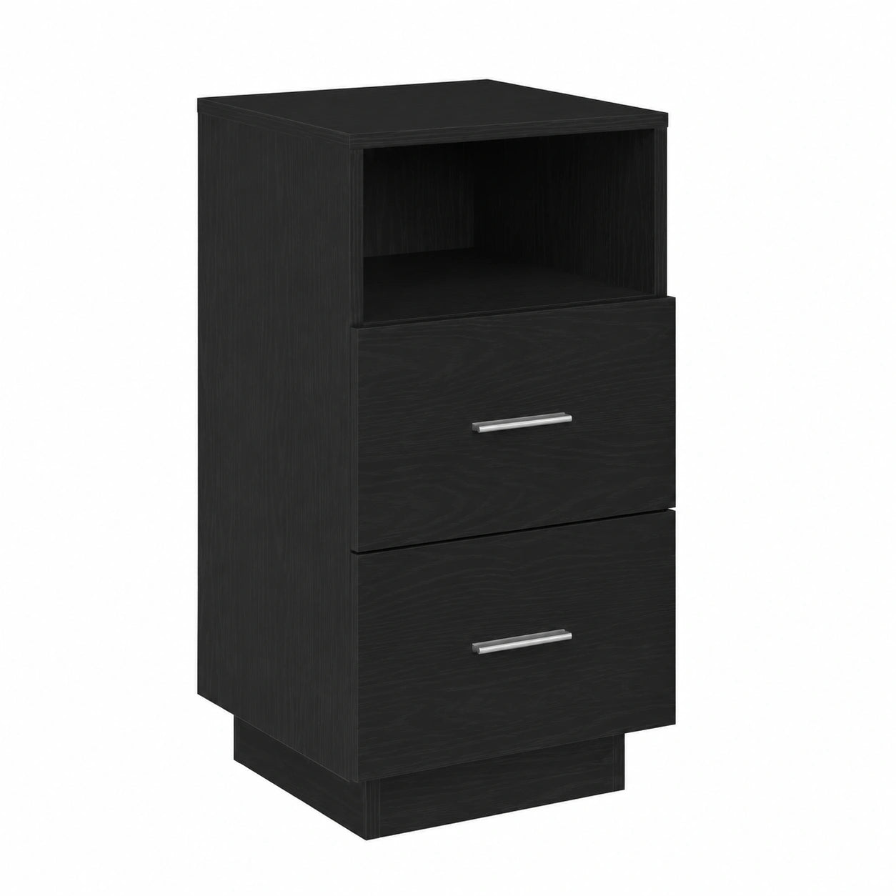 Comodino moderno in legno bianco con due cassetti e vano aperto, set di 2 per camera da letto