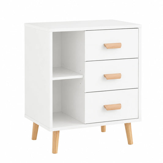 Comodino Moderno Bianco con 3 Cassetti e 2 Ripiani per Camera da Letto, 48x40x60 cm