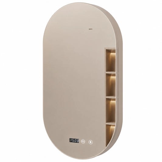 Specchio da Bagno LED Ovale con Anti-Appannamento e Dimmer, 3 Colori, Orologio e Temperatura, 50x90cm
