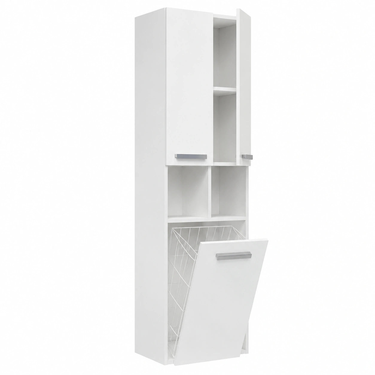 Armadio Colonna Bagno con Cesto Biancheria, Bianco Lucido 31x30x174 cm