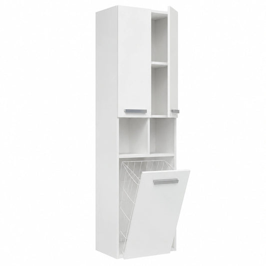Armadio Colonna Bagno con Cesto Biancheria, Bianco Lucido 31x30x174 cm