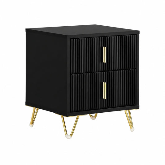 Set di 2 Comodini Moderni con Cassetti in Legno e Gambe Dorate per Camera da Letto, 40x40x47 cm, Nero