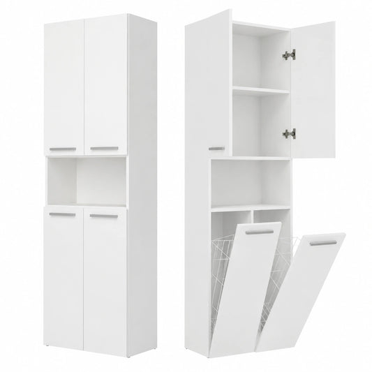 Armadietto Bagno Salvaspazio Bianco Lucido con Cesti Portabiancheria 174x60x30