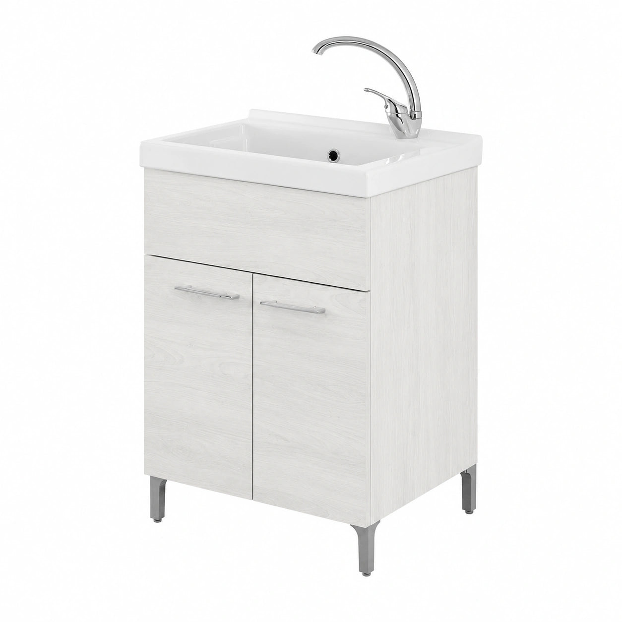 Mobile Lavanderia 60x50 Rovere Bianco con Vasca in Ceramica e Kit Scarico