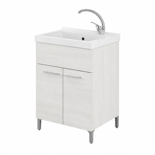 Mobile Lavanderia 60x50 Rovere Bianco con Vasca in Ceramica e Kit Scarico