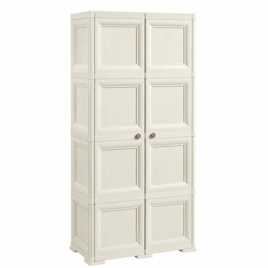 Armadio Contenitore Salvaspazio in Plastica con Ante Effetto Legno, 4 Moduli, 79x43x164 cm, per Organizzazione Casa, Colore Angora