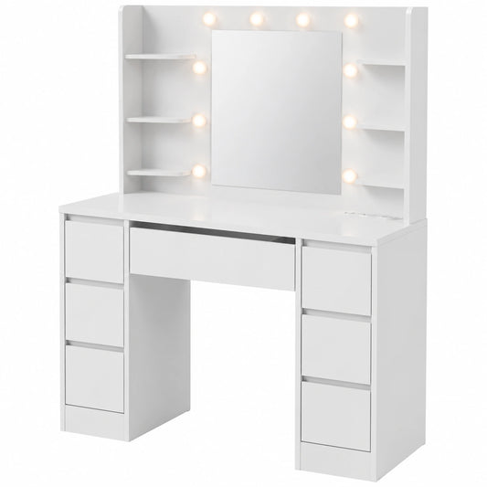 Tavolo da Trucco Malia con Specchio LED e Sgabello, Luce Regolabile, 7 Cassetti Spaziosi, Design Elegante e Facile da Pulire, Bianco