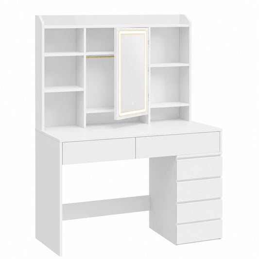 Tavolo da Trucco Moderno con Specchio a LED, Bianco Nuvola, Ripiani Regolabili