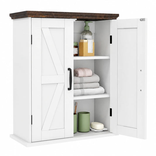 COSTWAY Armadietto da Bagno con Specchio e Ripiani Regolabili, Mobile Sospeso in Stile Rustico per Farmacia, Cucina e Lavanderia