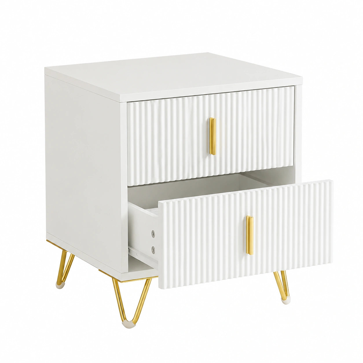 Tavolino Comodino Moderno, 2 Cassetti e Gambe Dorate, Bianco 40x40x47 cm