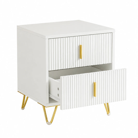 Tavolino Comodino Moderno, 2 Cassetti e Gambe Dorate, Bianco 40x40x47 cm