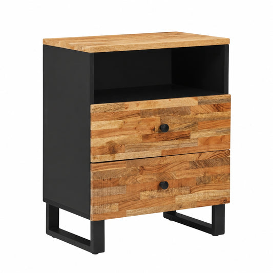 Comodino moderno in legno di mango con 2 cassetti, 50x33x62 cm, colore marrone, maniglie nere, ideale per camera e soggiorno