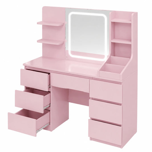 Tavolo Toeletta con Specchio LED, 7 Cassetti e 4 Ripiani, Rosa