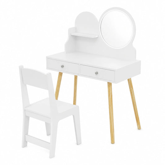 Tavolo Toeletta Bambini con Sgabello e Specchio LED, Set Giochi con Ganci e Cassetti