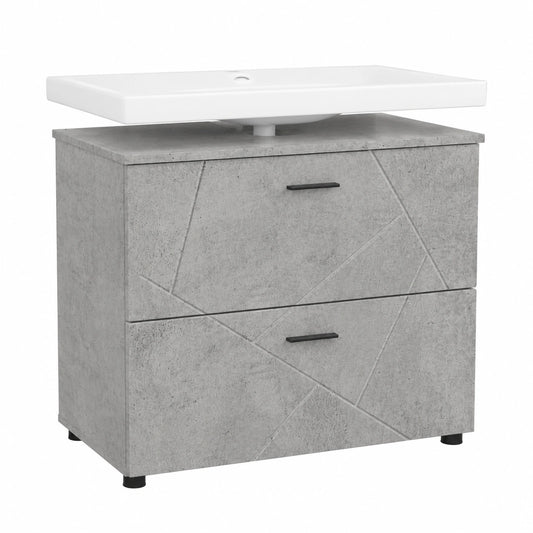 Mobile da bagno con cassetti grigio cemento e gambe in metallo, 76,5 x 35 x 64 cm, ideale per spazi ridotti
