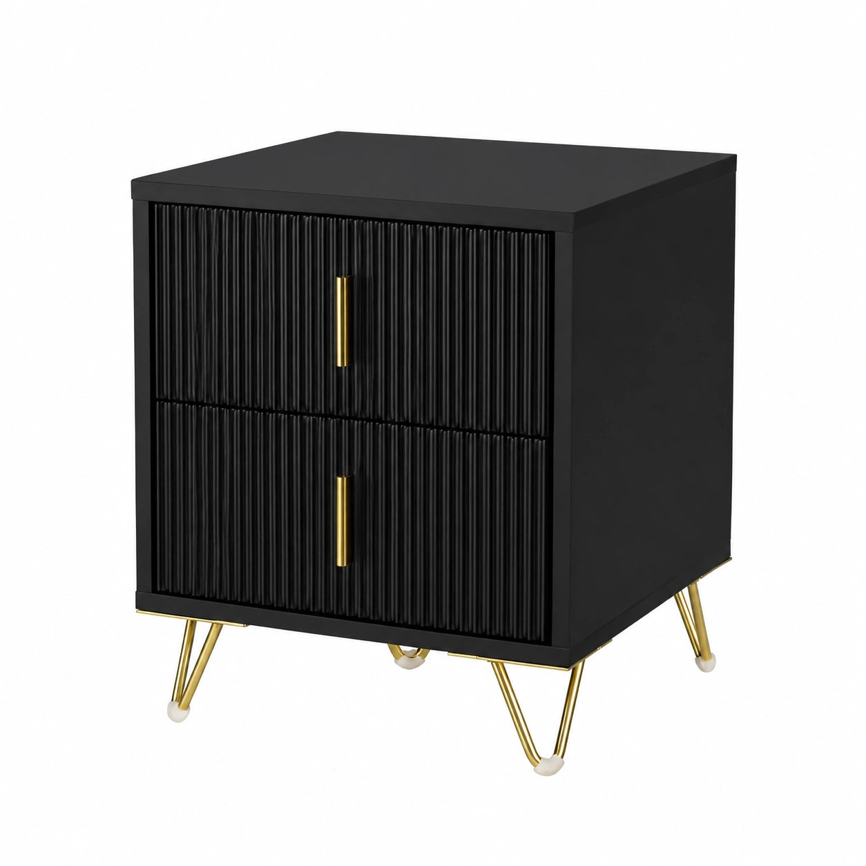 Comodino nero moderno con 2 cassetti e gambe dorate, 40x40x47 cm