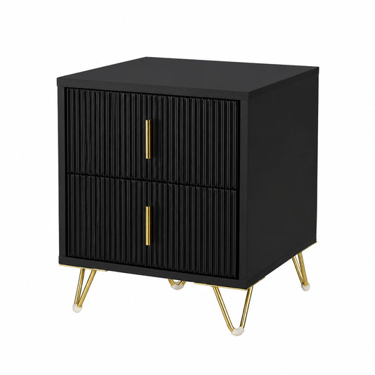 Comodino nero moderno con 2 cassetti e gambe dorate, 40x40x47 cm