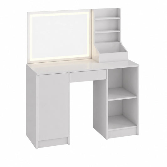 Tavolo da Trucco Sherry con Specchio LED e Sgabello, Bianco Lucido, 128 cm
