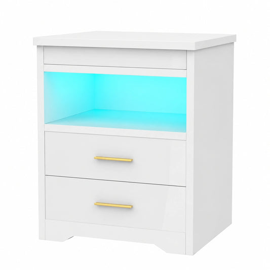 Coppia di Comodini con Ricarica Wireless e LED Multicolore, Bianco Lucido con Cassetti e Armadietti Nascosti