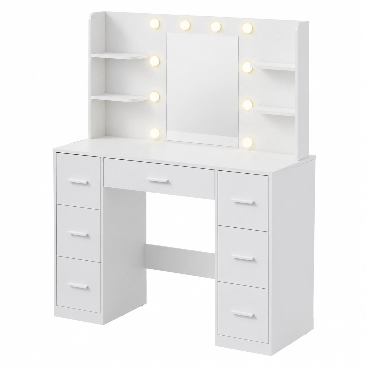 Tavolo da Trucco Moderno con Specchio e Luci LED, 7 Cassetti, Prese di Corrente e Porte USB, Luminosità Regolabile, Bianco