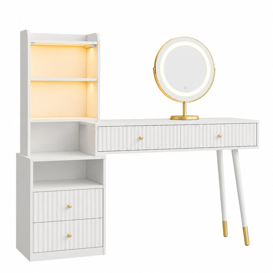 Consolle da Trucco con Specchio LED, Spaziosa e Moderna, con Cassetti e Ante in Vetro per Camera da Letto