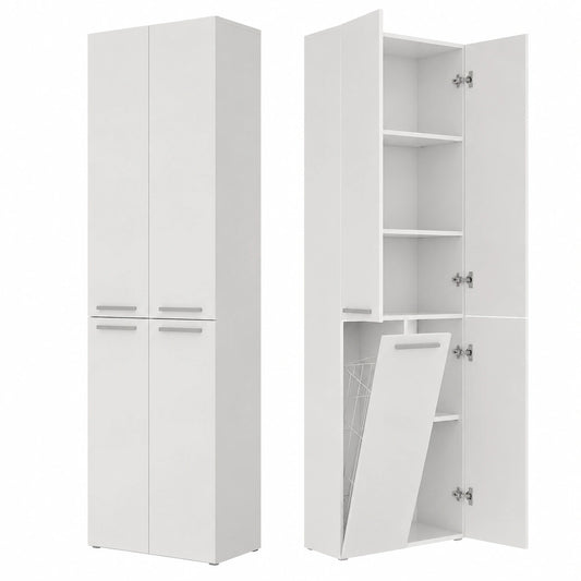 Armadietto Alto Salvaspazio per Bagno con Cesto Portabiancheria Bianco