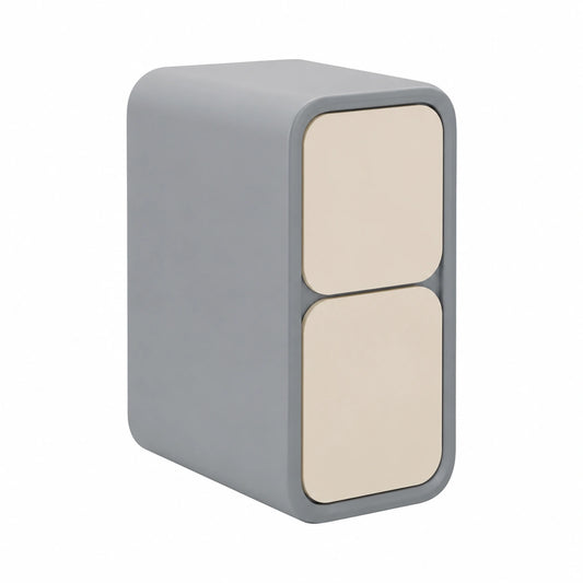 Comodino minimalista in microfibra e pelle con cassetti grigio chiaro e beige, 35x40x50 cm
