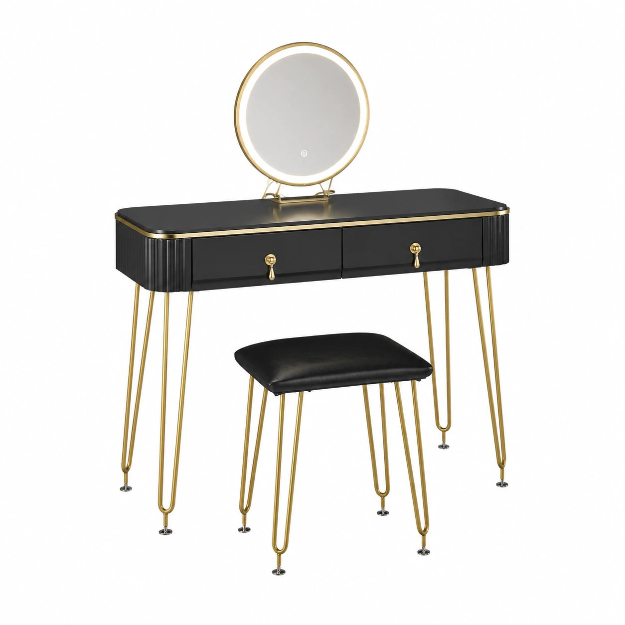 Tavolo da Trucco Grace con LED e Sgabello, 100 cm, Nero