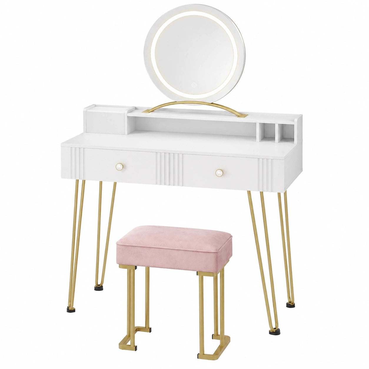Tavolo da Trucco con Sgabello Imbottito, Specchio e Luci, 4 Cassetti, Bianco e Oro, 90x40x140 cm