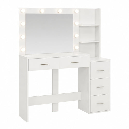 Toeletta con Specchio Luminoso e 5 Cassetti, Design Moderno Bianco, 110cm con Ripiani
