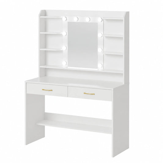 Tavolo da Trucco Moderno con LED e Specchio, 2 Cassetti e Mensole, 100 cm, Bianco