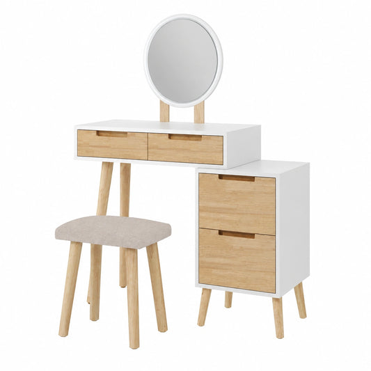 Tavolo Trucco con LED, Specchio e Sgabello, 4 Cassetti, Comodino Rimovibile