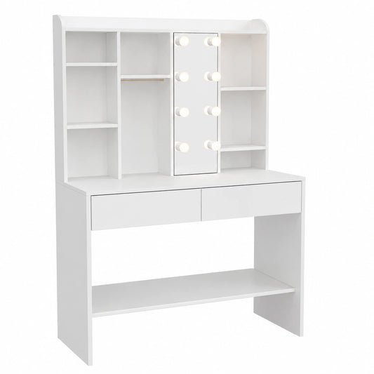 Tavolo da Trucco KAILYN con Specchio LED, 3 Toni di Luce, Ripiani e Cassetti, Bianco
