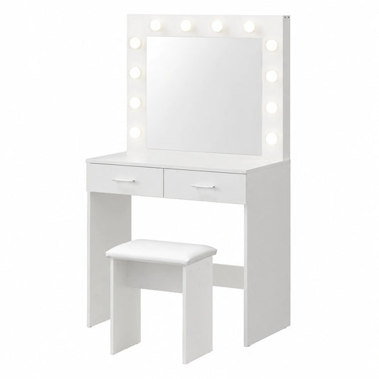 Tavolo da Trucco con LED e Sgabello, 2 Cassetti, Design Moderno, Arredo Casa e Camera (Bianco)